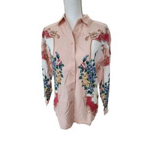 Vintage 80s Krazy Kat Pink Floral Long Sleeve Shirt Button Up Blouse M Baroque